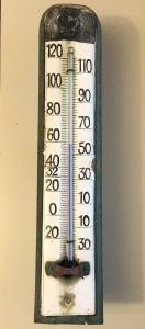Antique 18" Outdoor Barn Porcelain Thermometer Blue Alcohol Wood Mounted Crude