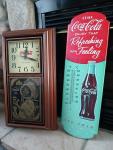 Large Coca-Cola Wall Clock And Metal Sign Thermometer