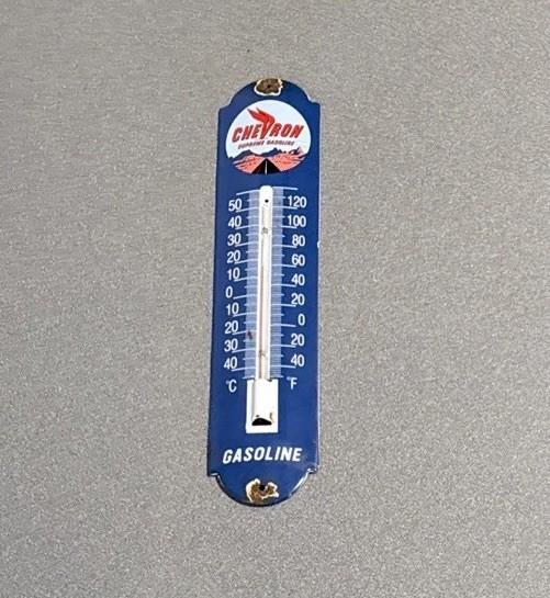 Vintage Chevron Porcelain Thermometer Gas & Oil Sign