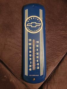 Vintage Chevrolet Blue and White Metal Thermometer 17