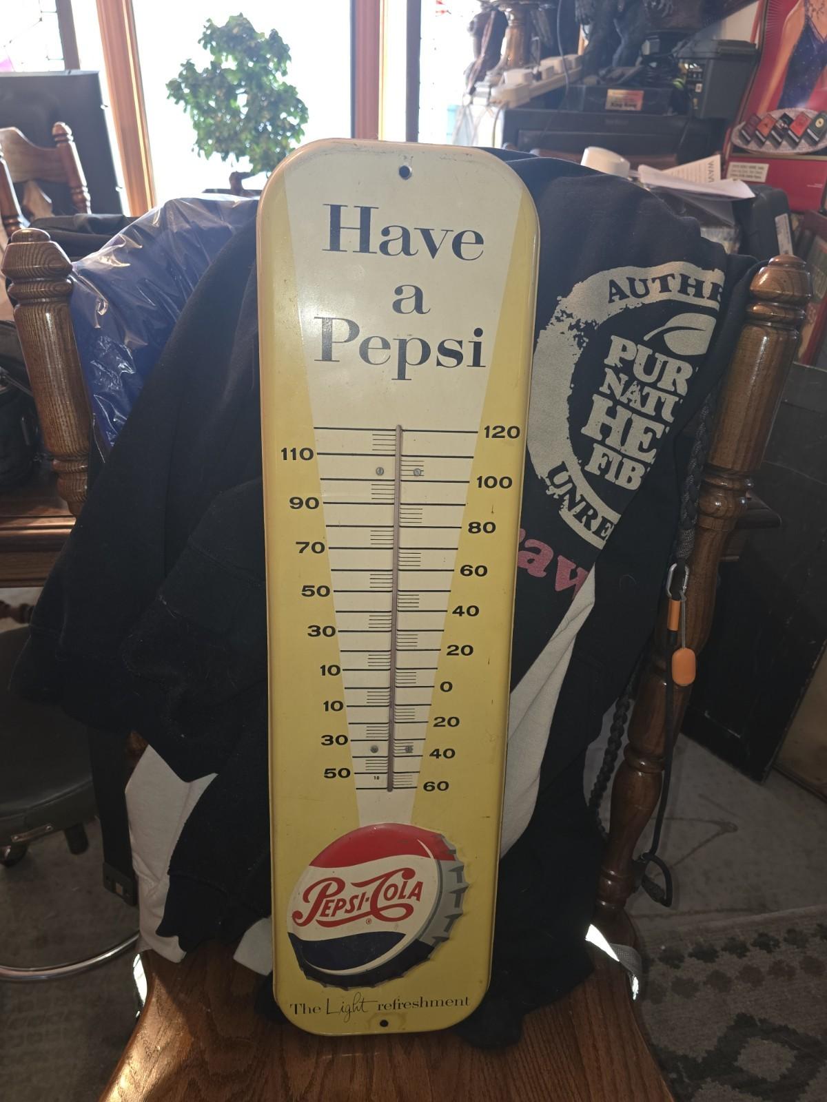 1950s Pepsi Cola Embossed Metal Thermometer Sign