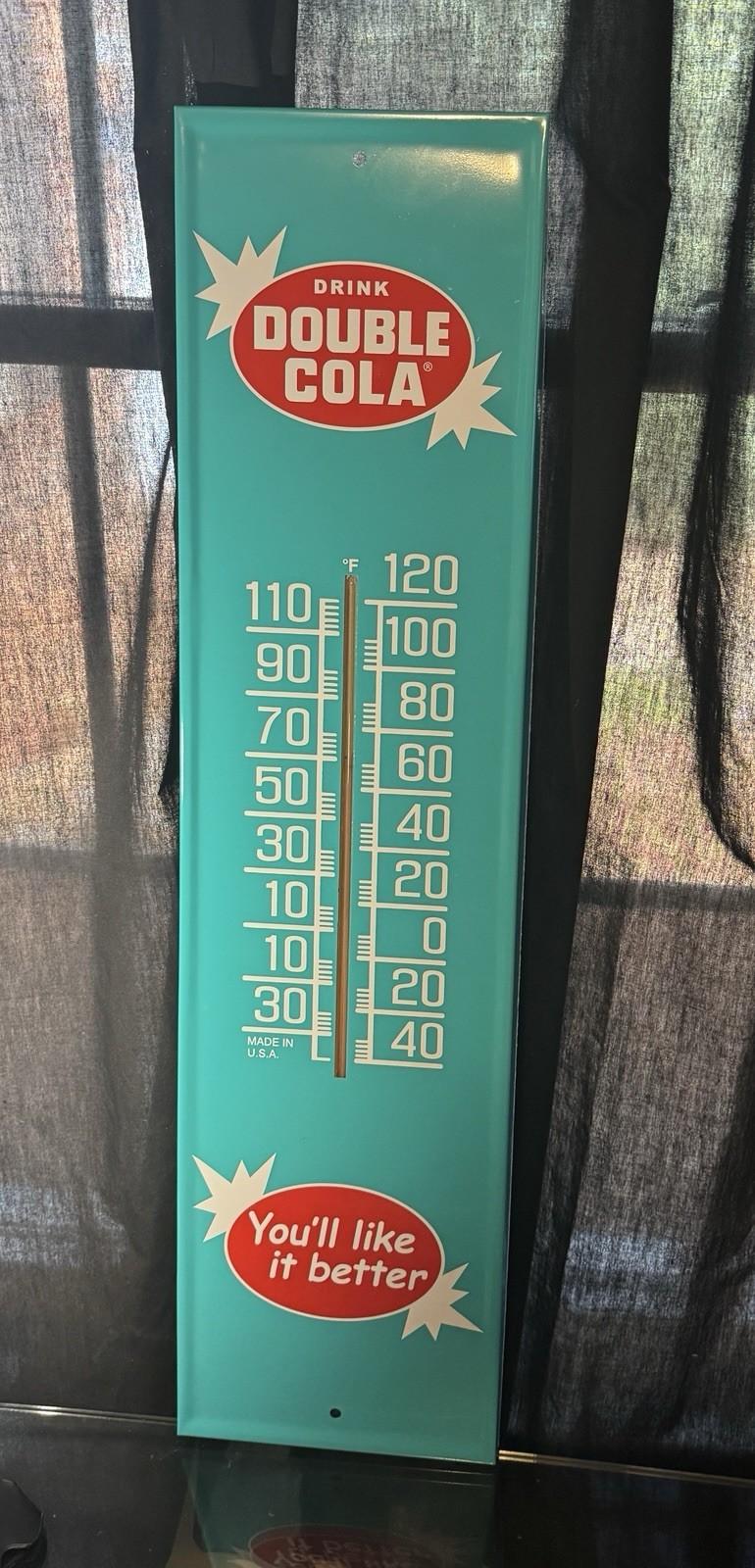 Vintage Double Cola Metal Thermometer - 7" x 28