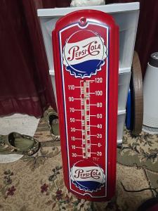 1950s Pepsi Cola Metal Thermometer with Bottle Cap