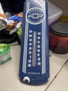 Chevrolet Vintage Blue and White Metal Thermometer