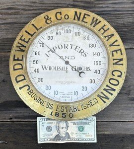 Antique J.D. Dewell Brass Grocery Thermometer Sign