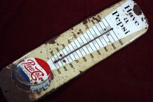 **1950s Pepsi Embossed Metal Thermometer Sign**