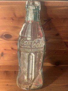 1950s Coca-Cola Tin Thermometer with Soda Bottle