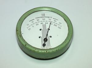 Vintage 1930s-50s Green Metal Hanging Thermometer