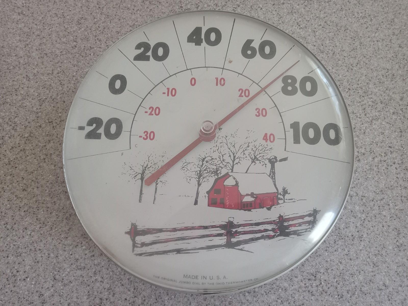 Vintage Jumbo Dial Thermometer with Winter Farm Scene