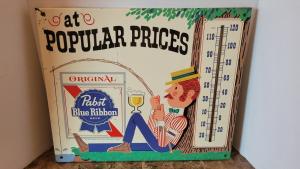 1960s Pabst Beer Fishing Figure Metal Thermometer