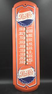 1950s Pepsi Cola Metal Thermometer with Bottle Cap
