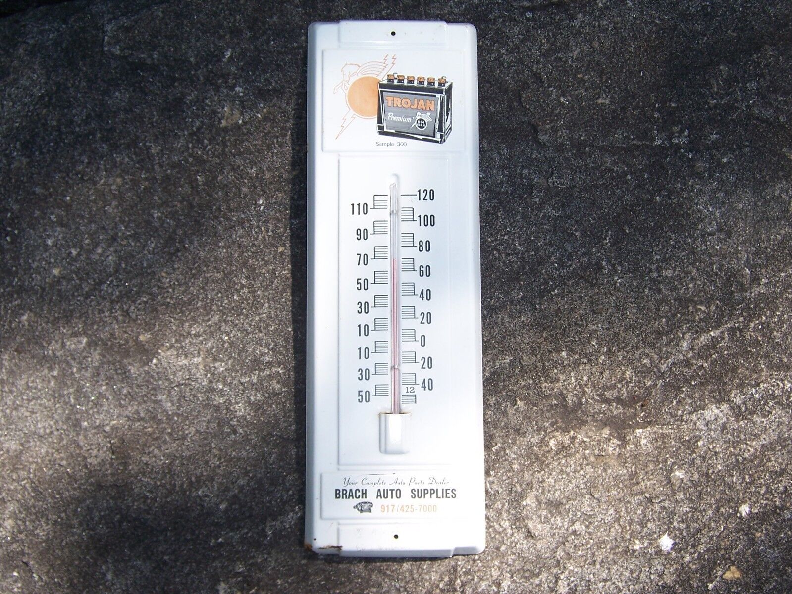 Working Vintage Trojan Auto Battery Advertising Thermometer