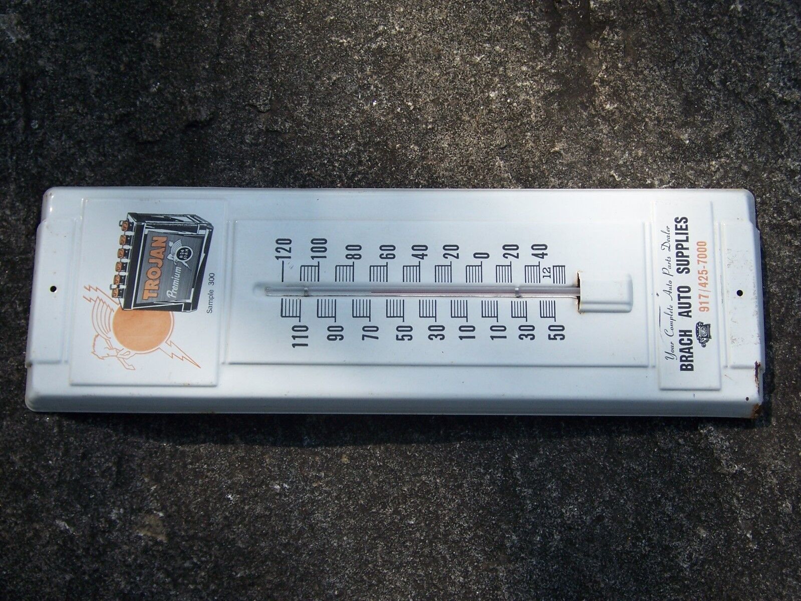 Working Vintage Trojan Auto Battery Advertising Thermometer