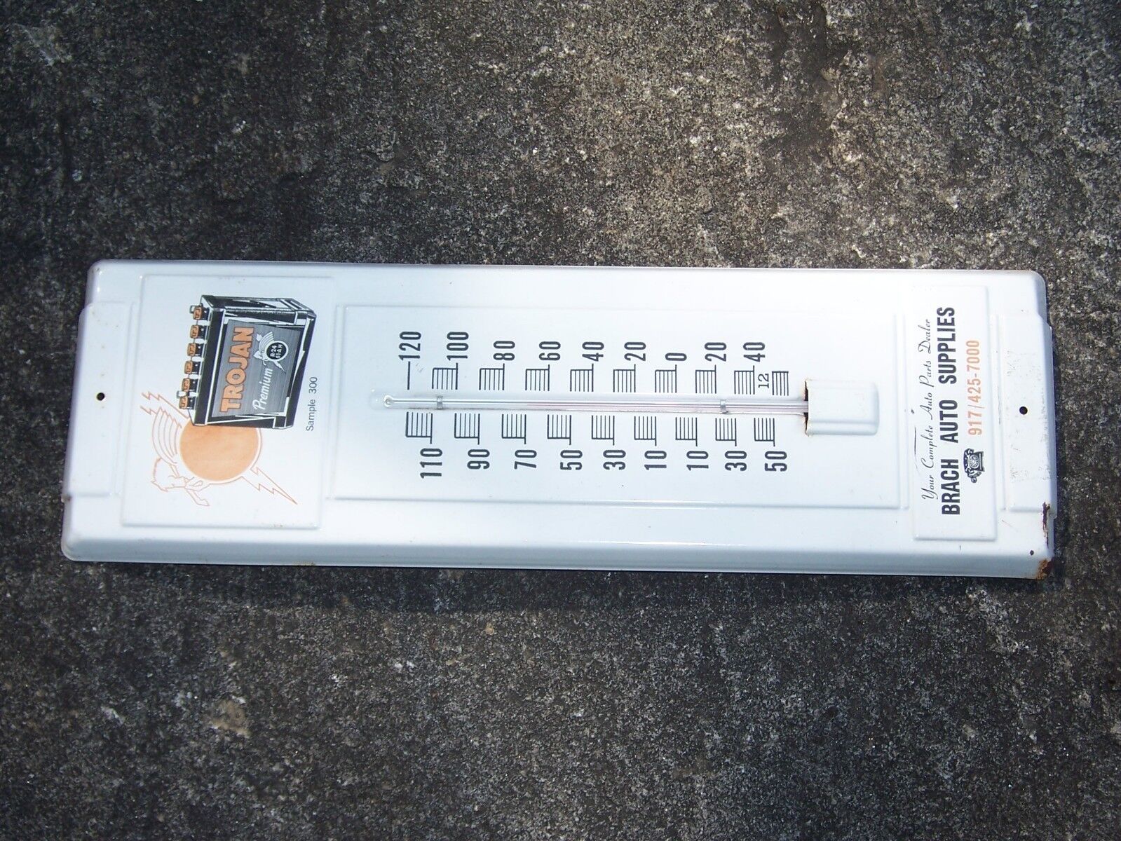 Working Vintage Trojan Auto Battery Advertising Thermometer