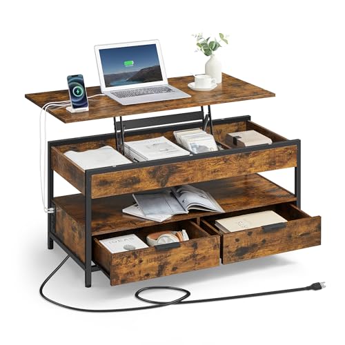 Lift Top Coffee Table with Storage, Charging Station