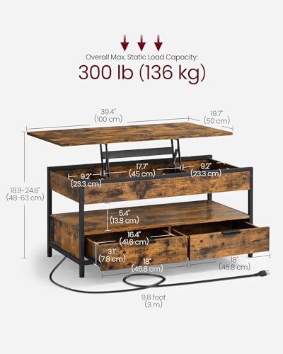 Lift Top Coffee Table with Storage, Charging Station
