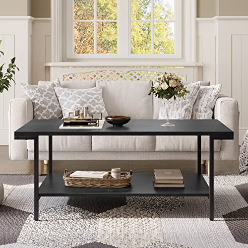 Rustic Coffee Table with Storage Shelf - Black