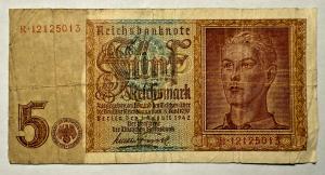 1942 German 5 Mark Banknote - WWII Collectible