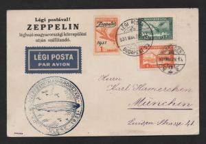 Hungary 1931 Zeppelin Postcard Budapest to Munich