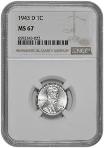 1943 D Lincoln Steel Wheat Cent NGC MS 67