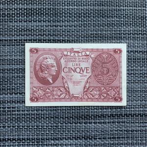 1944 Italy 5 Lire WWII Era Banknote Collectible