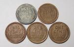 1943 P Lincoln Steel Cent & 4 Copper Wheat Coins