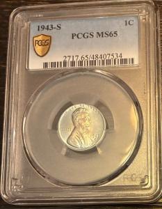1943-S Steel Lincoln Penny PCGS MS65 Toned