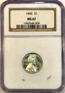 1943 Lincoln Steel Wheat Cent NGC MS67 Coin