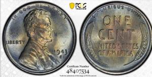 1943-S Steel Lincoln Penny PCGS MS65 Toned