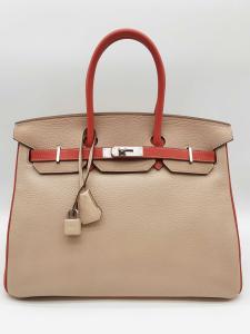 Gray and Red Hermes Birkin 35 Handbag