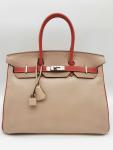 Gray and Red Hermes Birkin 35 Handbag