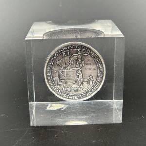 Apollo 11 Moon Landing Silver Medallion Paperweight