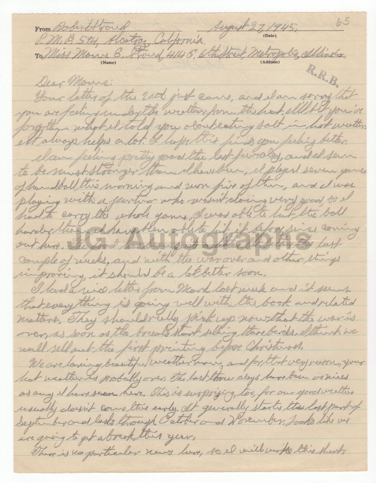 Authentic Robert Stroud Autographed 1945 Letter - 2 Pages
