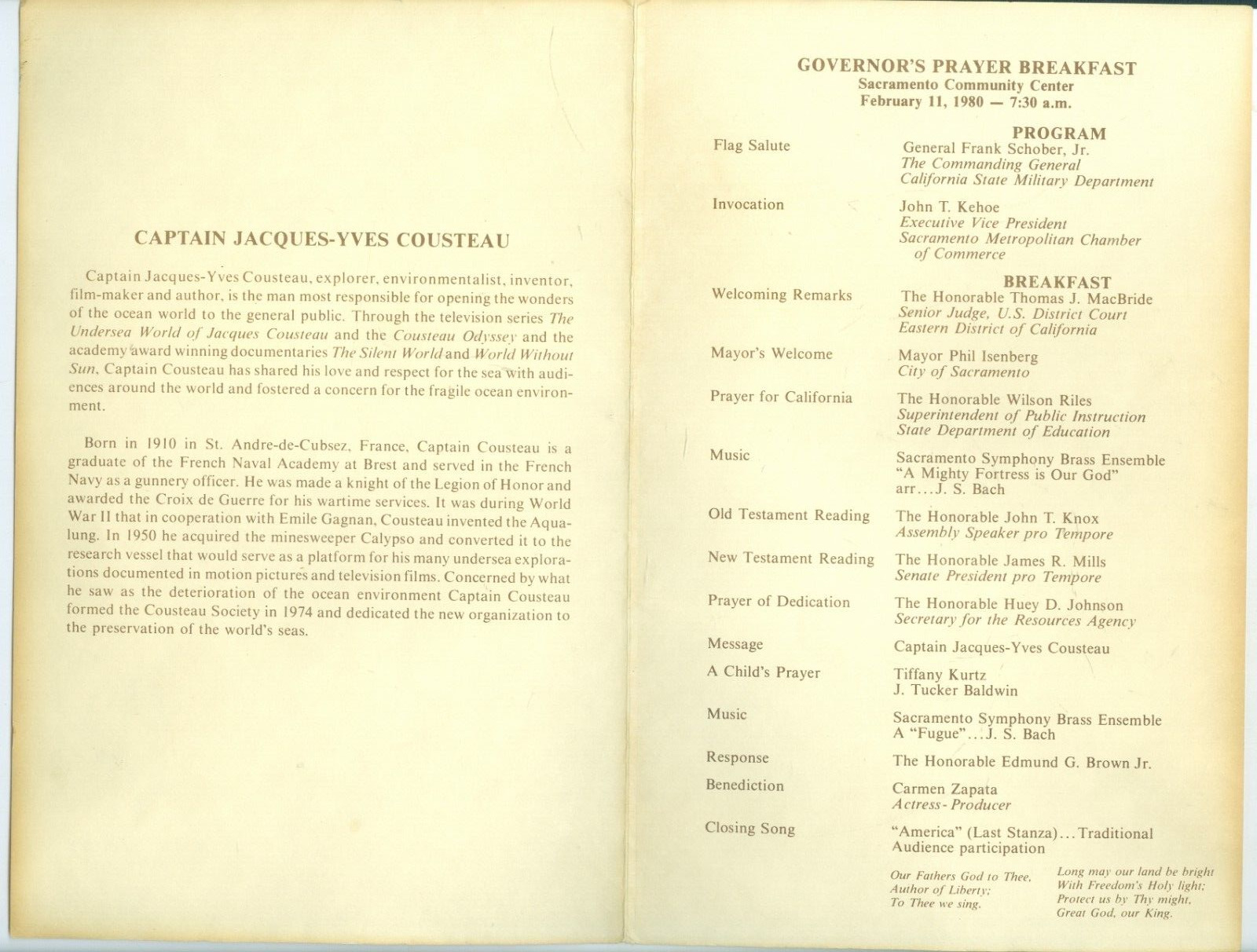 Jacques-Cousteau 1980 Signed Prayer Breakfast with Gov Brown