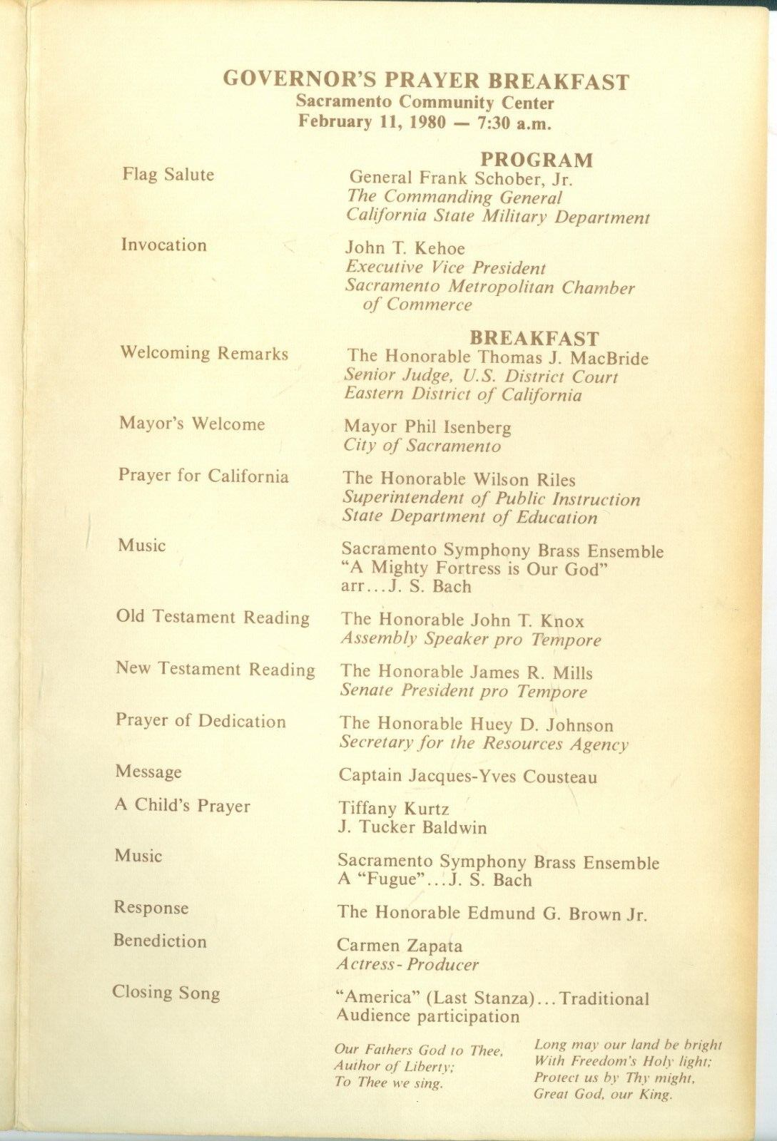 Jacques-Cousteau 1980 Signed Prayer Breakfast with Gov Brown