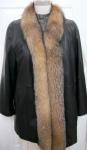 Brown Leather Women's Coat with Fox Fur Trim