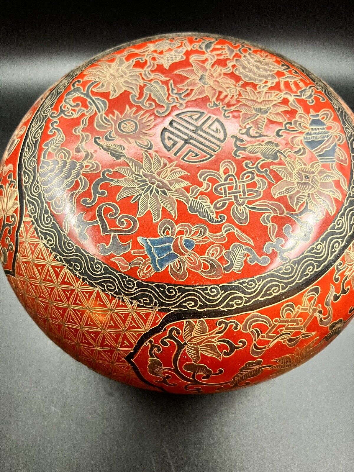 1800's Chinese Red Lacquer Box with Gold Gilt
