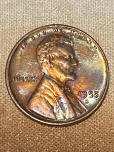 1955 Lincoln Wheat Cent Rainbow Toned Double Die