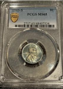 1943-S Steel Lincoln Penny PCGS MS65 Toned