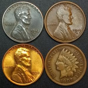 Indian Head Penny, WW2 Steel Cent, Wheat Cent Set
