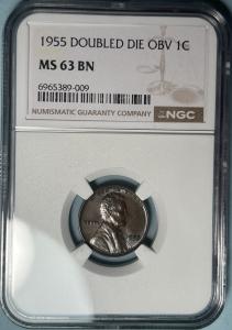 1955 Lincoln Cent Doubled Die NGC MS63 Brown