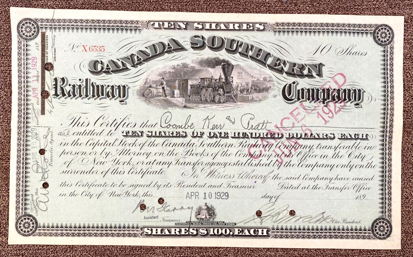 1929 Canada Southern Railway Company Ontario Stock Certificate