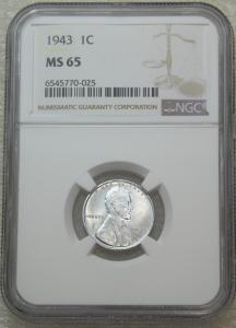 1943 P Lincoln Steel Cent NGC MS65