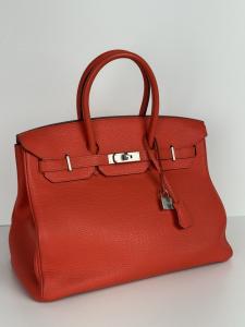 Red Hermes Birkin 35 Handbag with Palladium Hardware