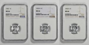 1943 Lincoln Steel Wheat Cent Three Coin Set