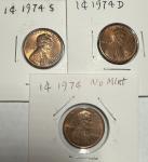 1974 No Mint Mark 3 Pennies Set
