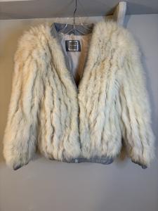 Saga Fox White Fur Jacket with Gray Trim