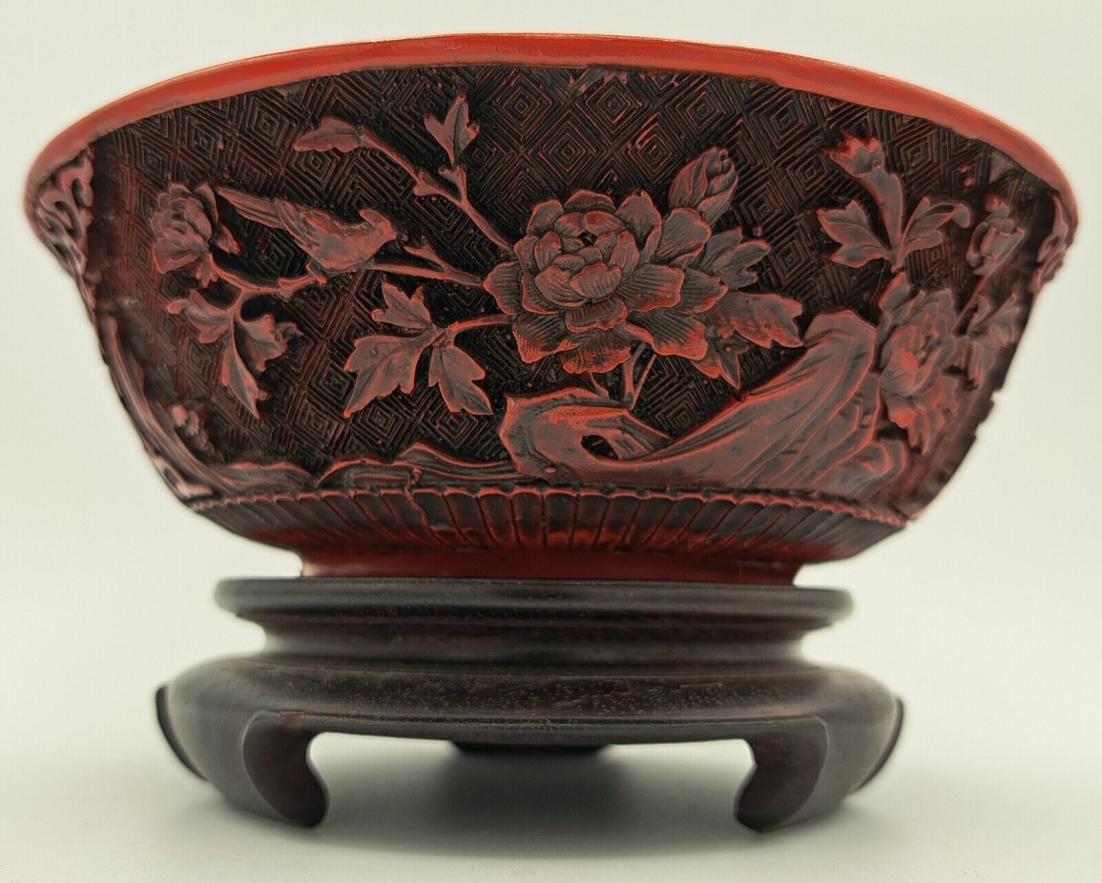 Antique Cinnabar Bowl with Ornate Carving and Stand