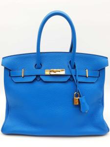 Hermes Birkin 35 Bleu Hydra Handbag with Gold Hardware