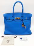 Hermes Birkin 35 Bleu Hydra Handbag with Gold Hardware